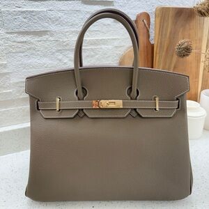Birkin 35 Etoupe Togo inspired Taupe Leather Handbag with gold hardware